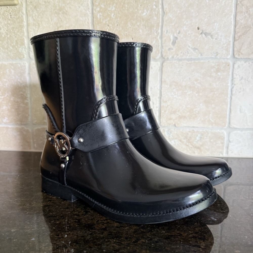 Michael Kors FULTON HARNESS Black Rain Bootie Ankle Boots Shoes US 8